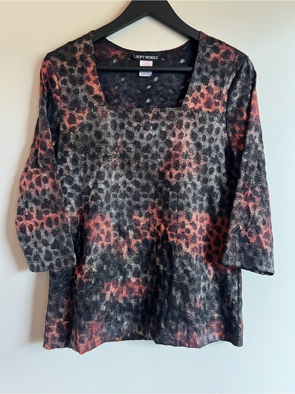 Soft Works Leopard Print Square Neck Top Sheer Stretch Knit 3/4 Sleeve Large Y2K